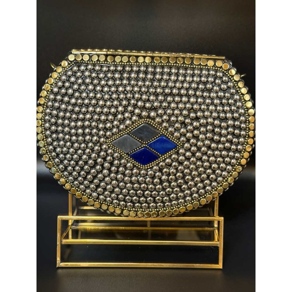 RAMLA Silver Mosaic Blue Stone Embellished Handmade Crossbody/Clutch NWOT - Picture 2 of 8